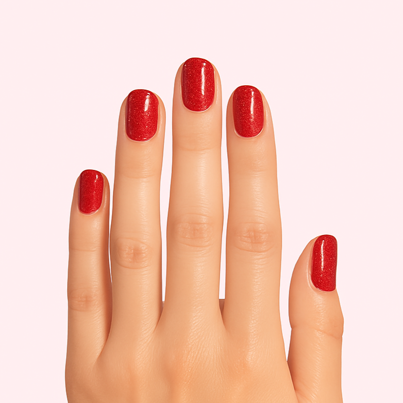 fine sparkle bright red gel nails on light coloured hand