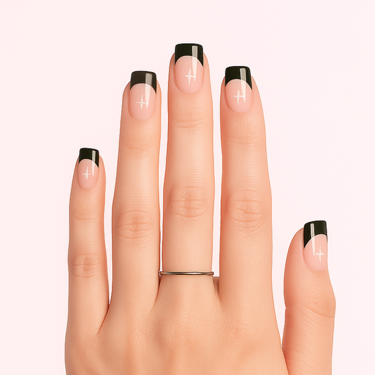 Black french tip with small star accents gel nail stickers
